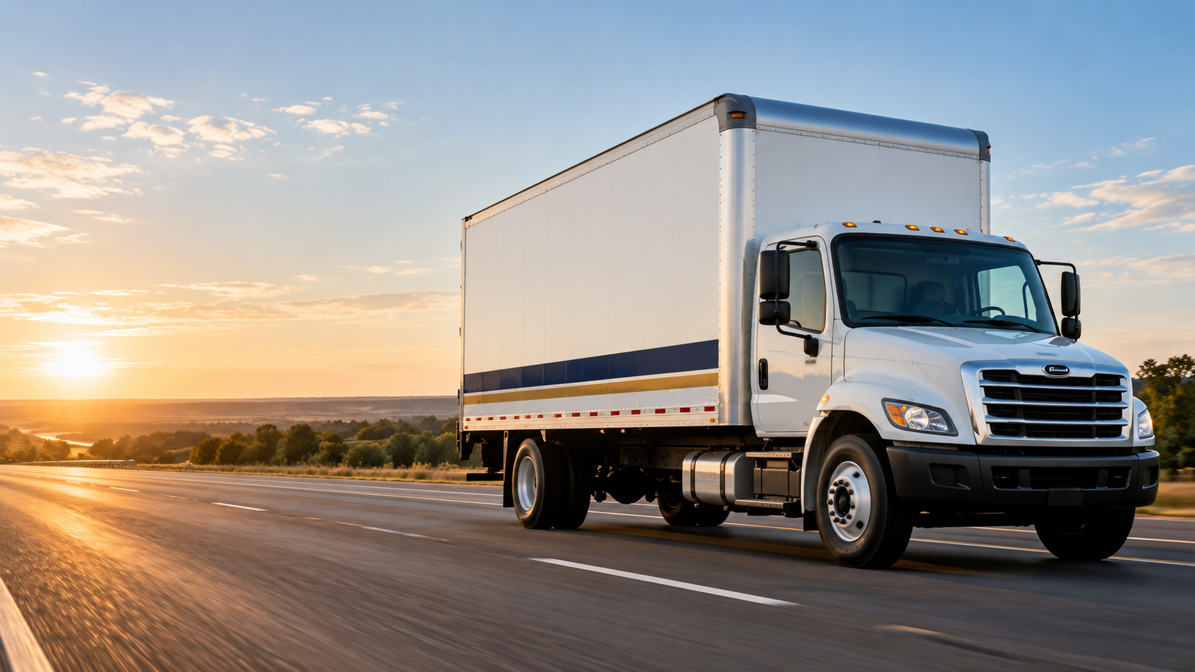White freight truck on a highway at sunrise with navy and gold detailing